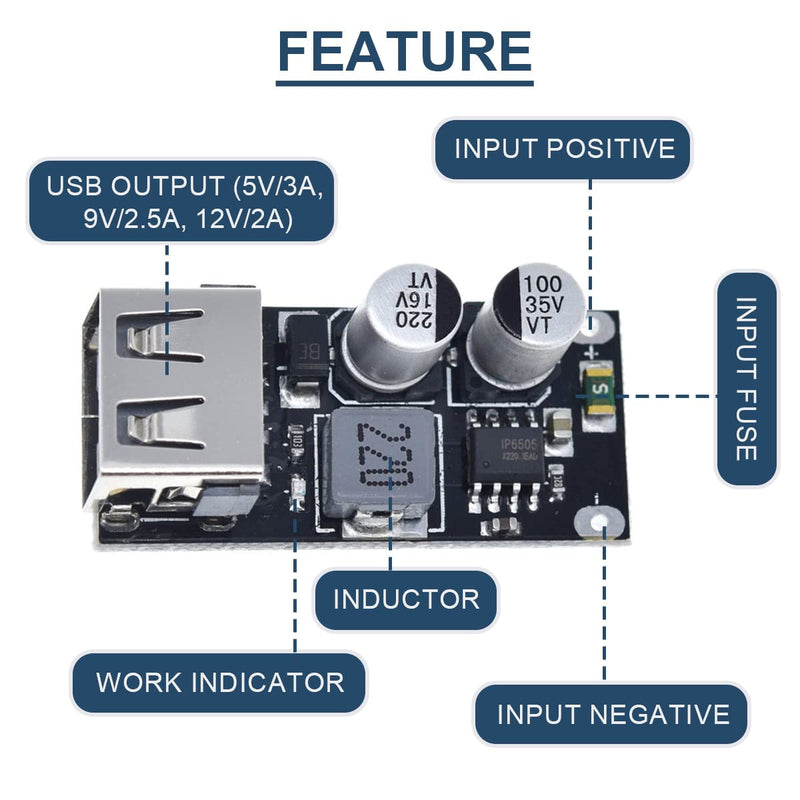 5 Pcs 6-32V 9V 12V 24V to 5V 3A Fast Charging Module USB QC3.0 QC2.0 DC-DC Buck Converter Step-Down Quick Charger Circuit Board with USB Cable, 24AWG Wire 1 Port USB
