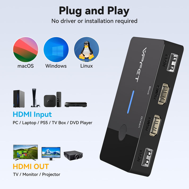 8K@60Hz HDMI KVM Switch 1 Monitors 2 Computers | KVM Switches 2 Port for 2 Computers Share Keyboard Mouse and one HD Monitor, with Desktop Controller and 2 USB Cables
