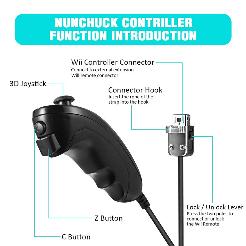 2 Pack Wii Nunchuck Controllers, Nunchuk Jostick Replacement Remote Game Controller for Wii Wii U Video Game Console Black