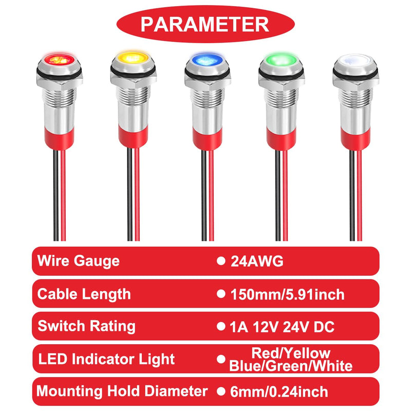 [AUSTRALIA] - 5Pcs 6mm DC 12-24V Red/Yellow/Blue/Green/White LED Metal Indicator Light Waterproof Signal Lamp with 150mm Cable Length Metal LED Indicator Light and Wiring Cap for Car Interior Trucks Boats 