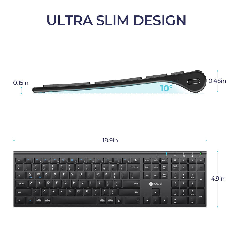 iClever GK20 2.4G Wireless Keyboard, USB-C Rechargeable Stainless Steel Ultra Slim Full Size Keyboard with Numeric Keypad for Windows 7/8/10, Mac, Chromes OS, iMac, MacBook Air/Pro, Laptop, Desktop PC Black