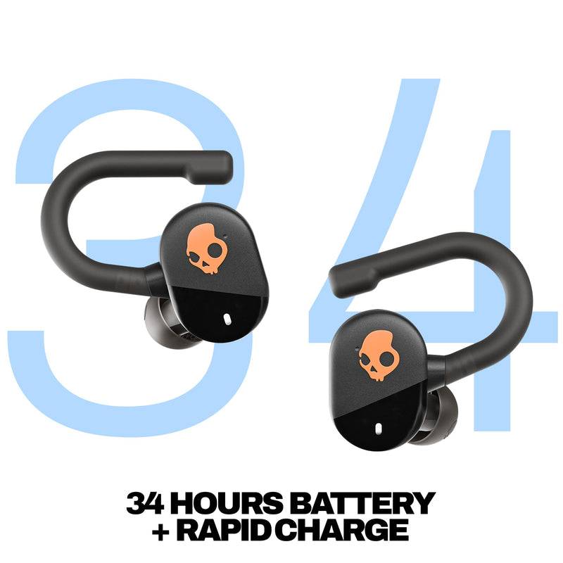 Skullcandy Push Play Active Wireless Earbuds - True Black/Orange | In-Ear Hanger, Bluetooth, Noise Isolating 58 Hours Battery, Sweat and Water Resistant, Microphone, Running Outdoors, Exercise One Size