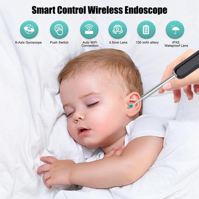 Ear Wax Remover Otoscope, WiFi Ear Cleaner Camera 1080P HD Ear Camera IPX5 Waterproof Ear Mirror 3.5 mm Lens Ear Endoscope with 6 LEDs for Phone, Pad and Android Smartphones