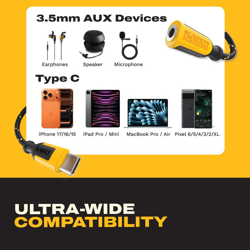 DEWALT Aux to USB C Adapter – 3.5mm to USB C Audio Headphone Dongle | DAC Chip, CTIA Compatible, Kevlar-Reinforced Cable for iPhone 17 16 15, Samsung Galaxy, iPad & MacBook