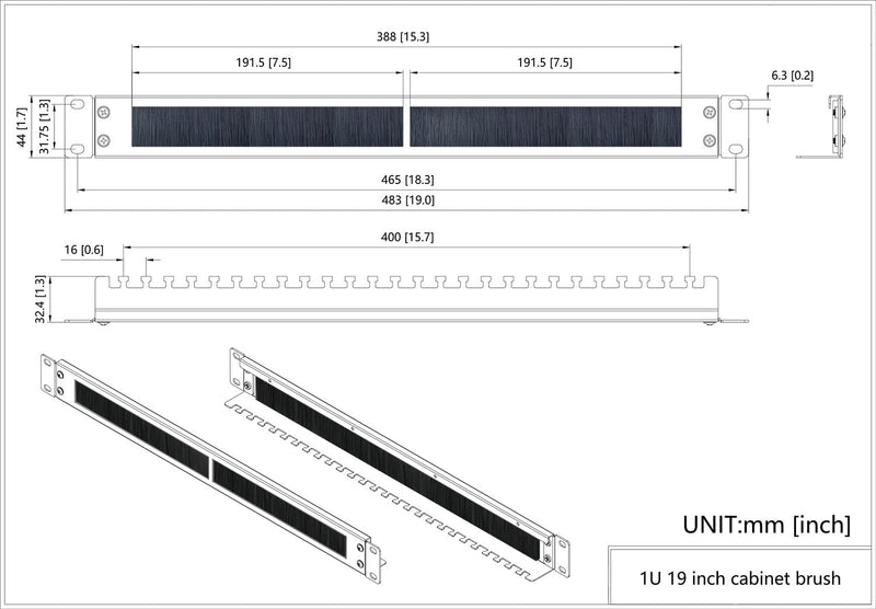 1U Brush Cable Manager Horizontal Rack Mount Cable Management Panel with Tidy Brush Slot for Cable Entry for 19-inch Server Rack or Network Cabinet