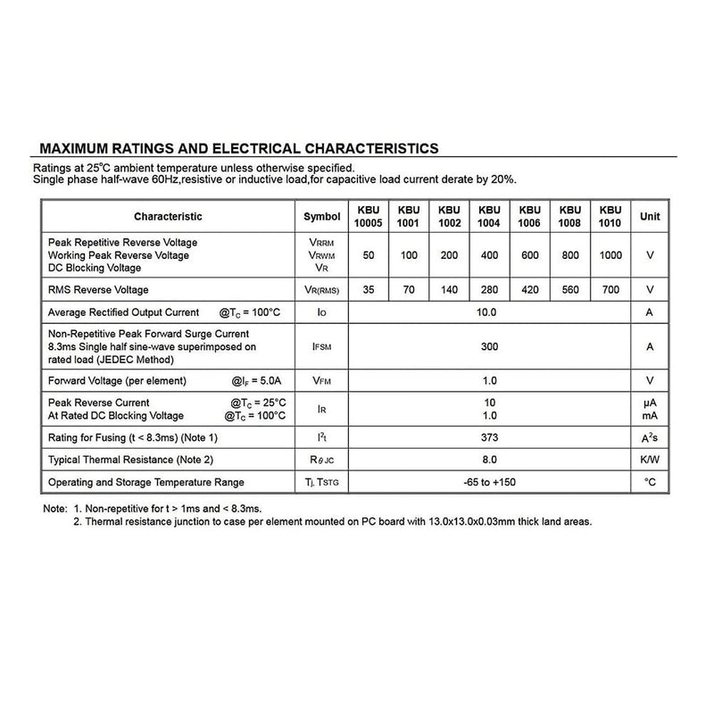 [AUSTRALIA] - PENGLIN KBU1010 1010 Bridge Rectifier Diode 10 A 1000 V Silicon Bridge Rectifier 4 Pins Pack of 10 