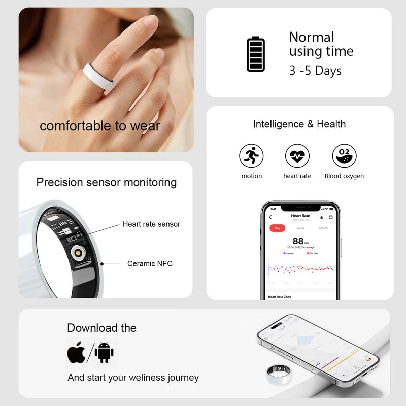 Smart Ring for Women Men Without Subscription Ceramic Design Health Tracking smart Ring for Sleep, Heart Rate, Stress & Activity Tracking (White, 9) White