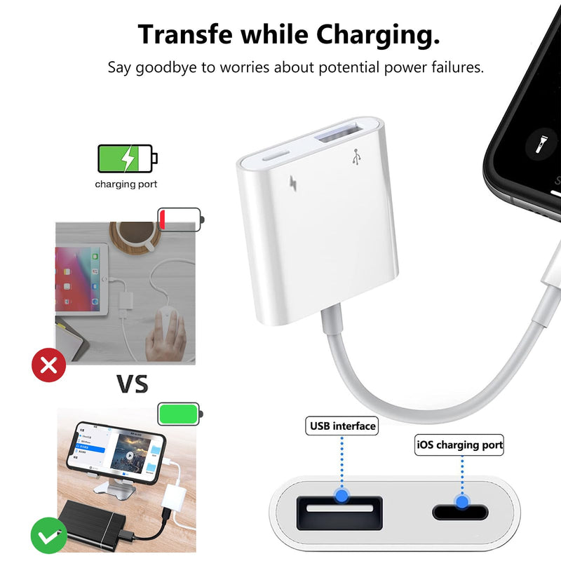 Lightning to USB Camera Adapter for iPhone with Charging Port USB 3.0 Female OTG Cable for iPad to Connect Card Reader USB Flash Drive U Disk Keyboard Mouse Hubs Midi