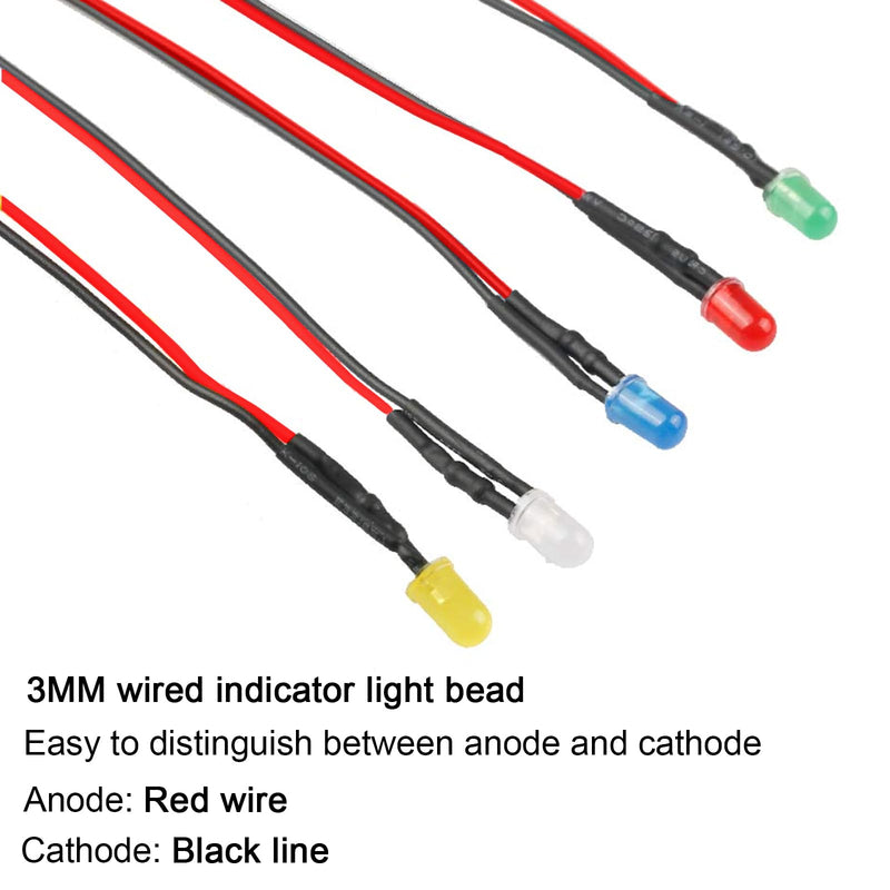 NCTNCX Pack of 100 Pre-Wired LED Diodes Light 12 V 100 Pieces 3 mm LED Mounting Rings Plastic 3 mm LEDs with 20 cm Cable (Red, Yellow, Blue, Green, White, Pack of 20)
