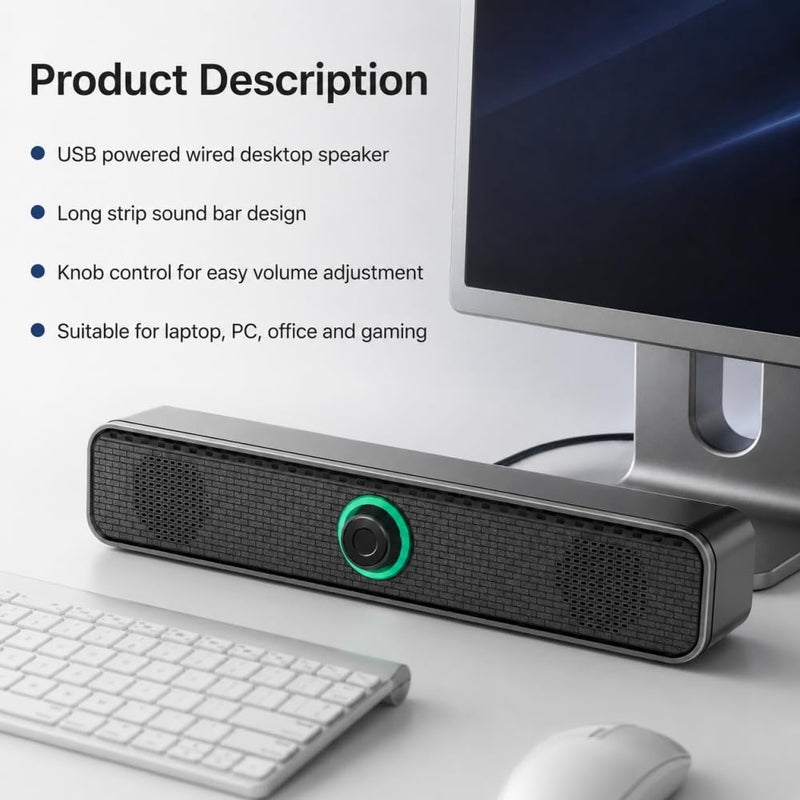 USB Computer Speaker Long Strip Wired Desktop Sound Bar with Knob Volume Control for Laptop PC Office Gaming Streaming Home, Black