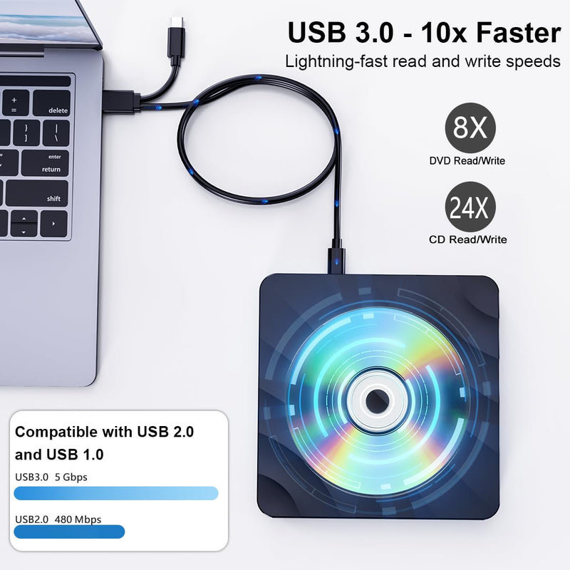 QDSYLQ External CD DVD Drive for PC - USB 3.0 CD Burner DVD Player for Laptop, External Optical Drives for PC/MacBook, Disc Reader for Windows 11/10/8/7/XP/Vista, Linux, Mac Glossyblack