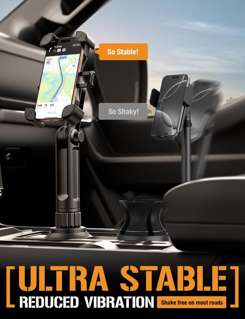 ToughTested Cup Holder Phone Mount, Heavy Duty Boom Arm, Adjustable Grip | Adjustable cell phone holder with a no-vibration boom arm, 360° rotation, quick-release button, and case-friendly design