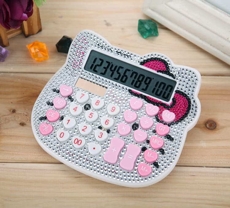 Hello Kitty Calculator, Xinyu Lighting Creative and Cute Solar Calculator, 12-Digit LCD Display, Suitable for Adults and Children, Solar and Battery Powered (White Jewel Model) White Jewel Model