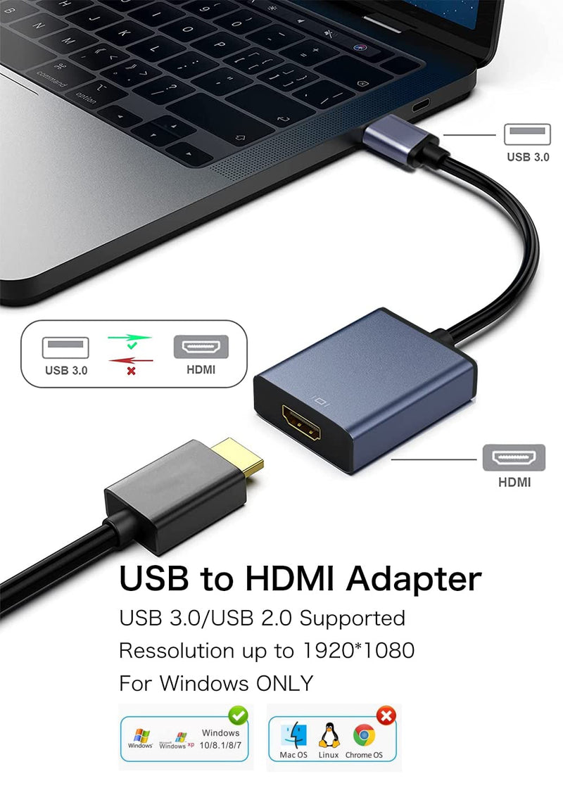 USB to HDMI Adapter, USB 3.0/2.0 to HDMI for Multiple Monitors 1080P Compatible with Windows XP/7/8/10 (Darkgrey) SDFE