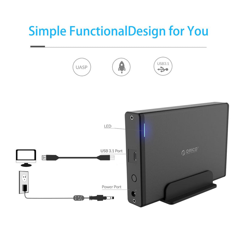 ORICO 3.5 Inch Hard Drive Enclosure with Removable Case, External USB 3.1 Gen 1 to SATA 3.0 Adapter for SATA 3.5 Inch HDD with 12 V 2A Power Supply (20 TB Max, Blue Display) ORICO 7688 USB-C