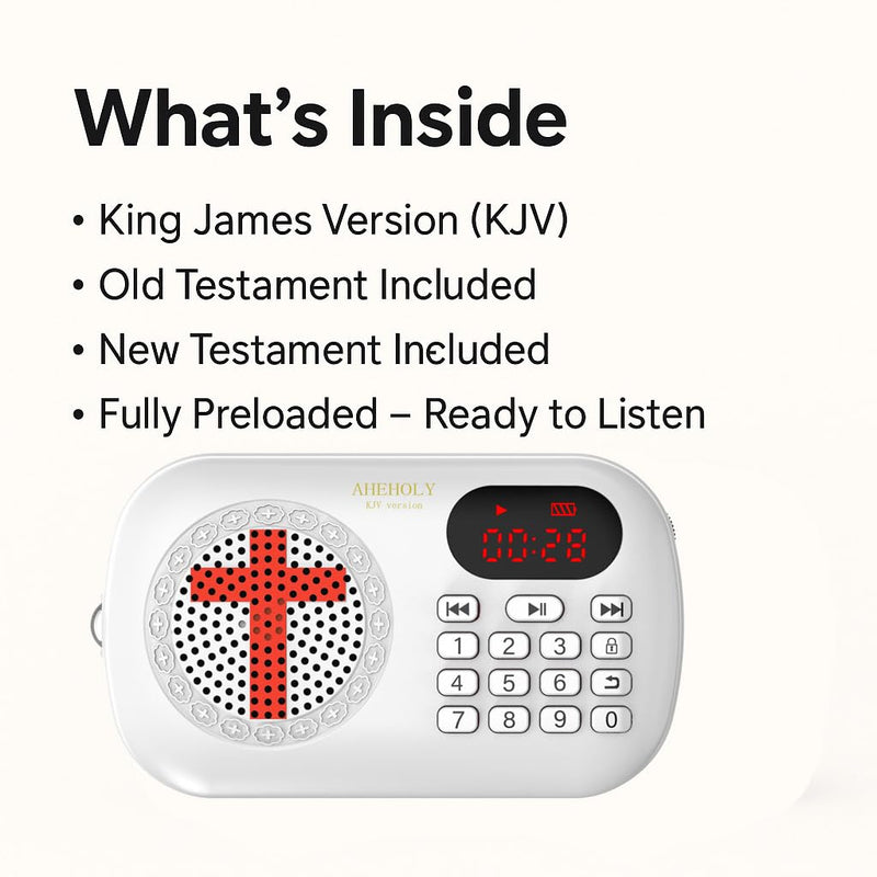 [AUSTRALIA] - KJV Audio Bible Player – Portable Electronic Bible Device, Offline Rechargeable Scripture Player with Simple Buttons for Seniors & Home Use, White 