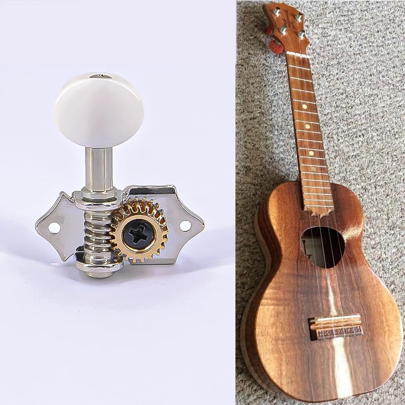 2R2L White-Plated Guitar Tuning Peg Machine Head Tuners For 4 String Ukulele Guitar Bass-Gear Ratio 1:19 Bass Tuning Key Pegs Machine Head Replacement(GC510) GC510