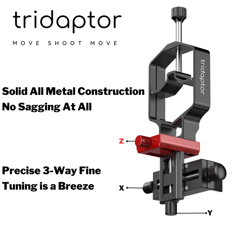 tridaptor - Universal Digiscoping Adapter | High-Precision Phone to Telescope 3-Axis Metal Holder Mount for Spotting Scope Binocular Monocular Microscope|Fits 2.4" Eyepiece Max&Any Cell Phone Camera TRIDAPTOR (without Bluetooth)