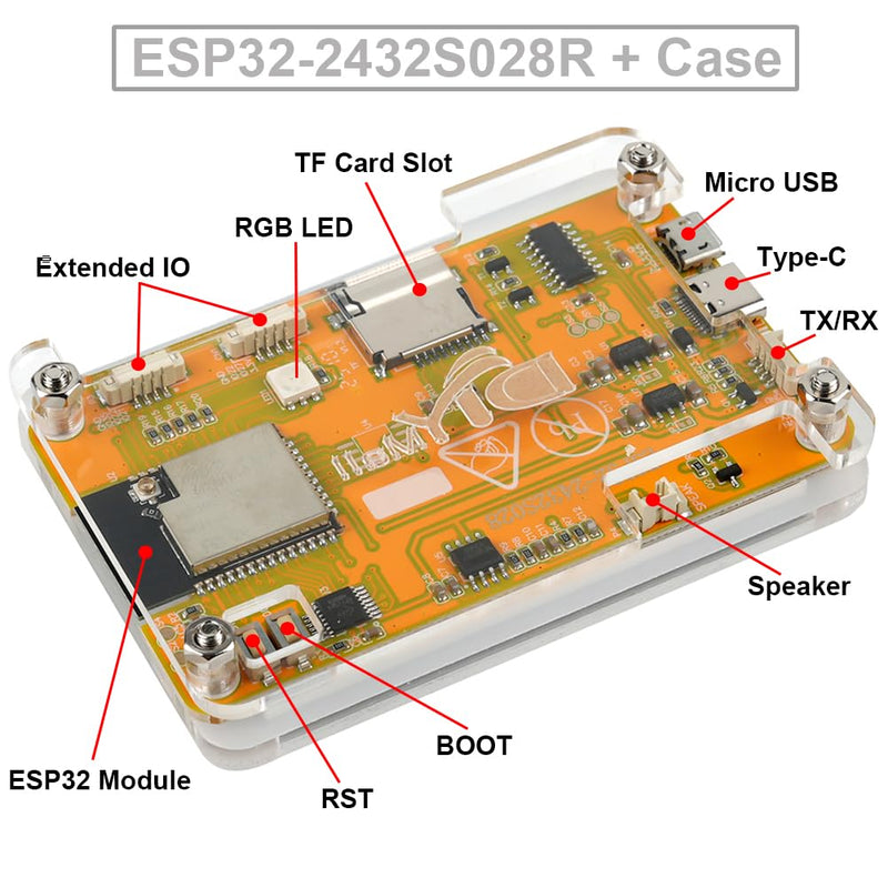 2.8 inch Yellow Display ESP32-2432S028R ESP32 Resistive Touchscreen 240x320 TFT LCD Module ESP 32 Development Board + Acrylic Case for Arduino (Pack of 2)