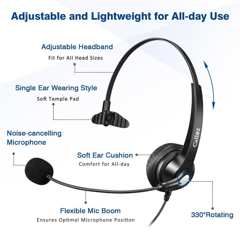 Callez USB Headset with Microphone Noise Cancelling & Audio Controls, Wideband Computer Headphones for Business UC Skype Lync Softphone Call Center Office, Clearer Voice, Super Light, Ultra Comfort Black