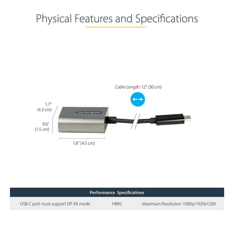 StarTech.com USB C to VGA Adapter - 1080p USB Type C to VGA Display/Monitor Video Converter, USB-C Dongle, Thunderbolt 3 Compatible - 12" Long Attached Cable - Upgraded Version of CDP2VGA (CDP2VGAEC) Silver