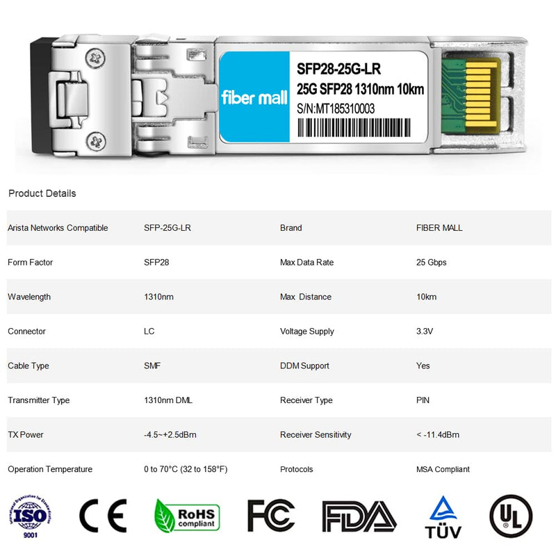 25G SFP28 LR for Arista Networks SFP-25G-LR 25GBASE-LR SFP28 1310nm 10km DOM LC SMF Optical Transceiver Module 25GBASE-LR: 10km