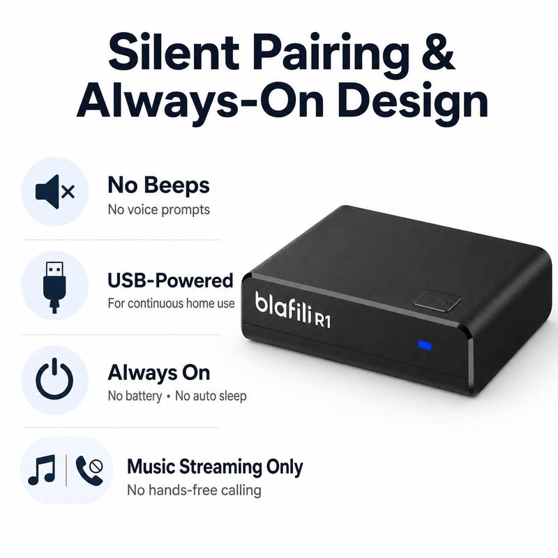 R1 Bluetooth Receiver for Home Stereo with RCA Line Out & USB Input | No-beep pairing, aptX Adaptive HD, for amplifiers and powered speakers, always-on USB power, music streaming only, no mic