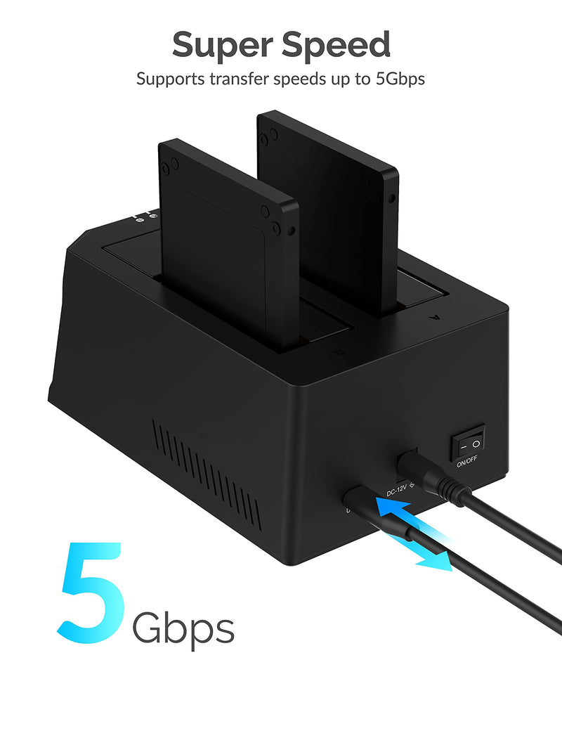 SABRENT USB-C Dual Bay Hard Drive Docking Station & Cloner (EC-CH2B) | 2.5"/3.5" SATA; offline cloning; up to 5Gbps; tool-free installation; hard drive dock; hdd dock; external hard drive dock 2-Bay SATA Dock – USB-C 5Gbps