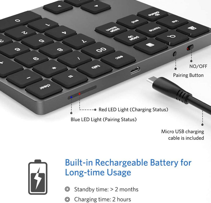 JOYEKY Bluetooth Number Pad, Wireless Numeric Keypad | Number Pad for Laptop,USB-C Rechargeable,34-Keys Bluetooth Numeric Keypad L325
