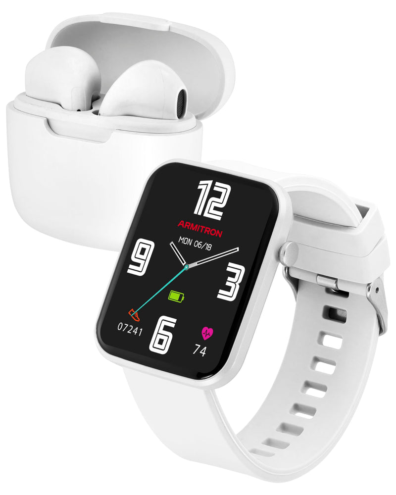 Armitron Connect Boom Smartwatch and Earbuds, Health and Fitness Tracker, Sport Modes, Water Resistant and More White