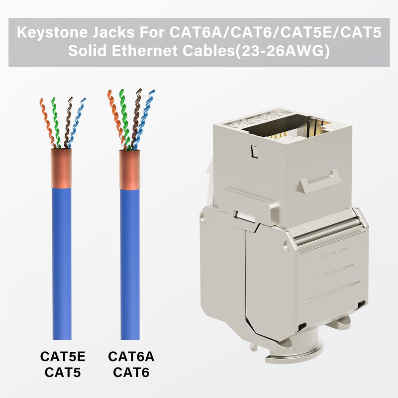 iwillink 10Gbps Shielded Cat6A Keystone Jack, 25-Pack | 180 Degree Toolless Zinc-Alloy Housing RJ45 Keystone Jack, Silver