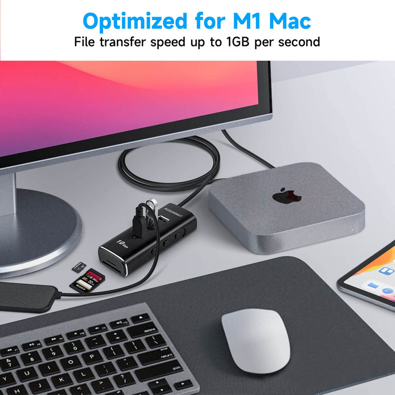 Rosonway 5 in 1 USB C Hub with 3 USB 3.2 10Gbps Data Ports, SD/TF Card Readers, 2ft Cable and Individual Switches, for PC, Laptops, M1 Mac Mini, iMac, MacBook Pro/Air, RSH-A104D