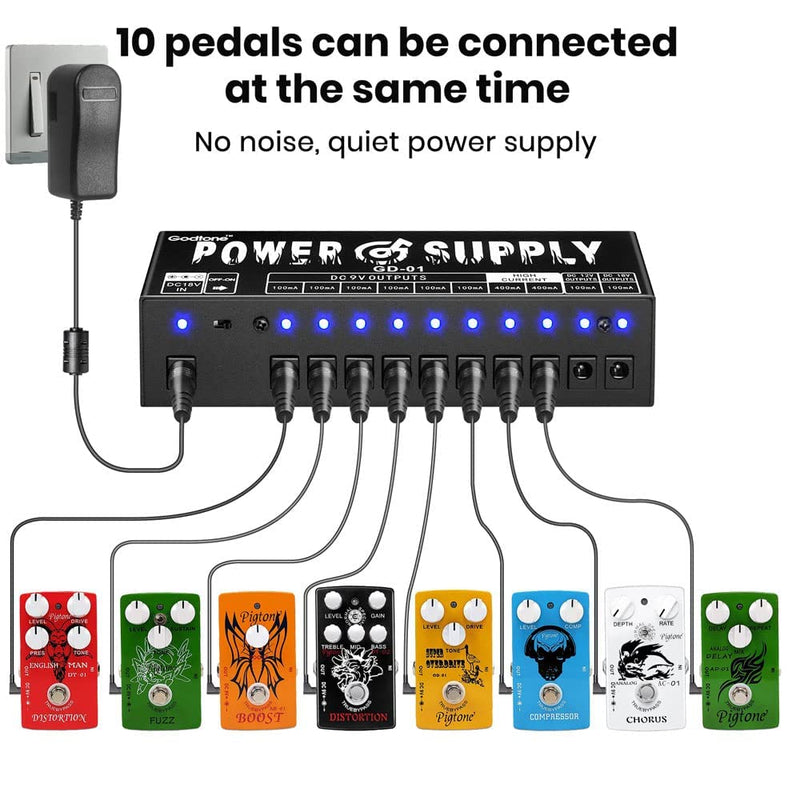 Godtoen GD-01 Guitar Power Supply 10 Isolated DC Output for 9V/12V/18V Effect Pedal US GD-01
