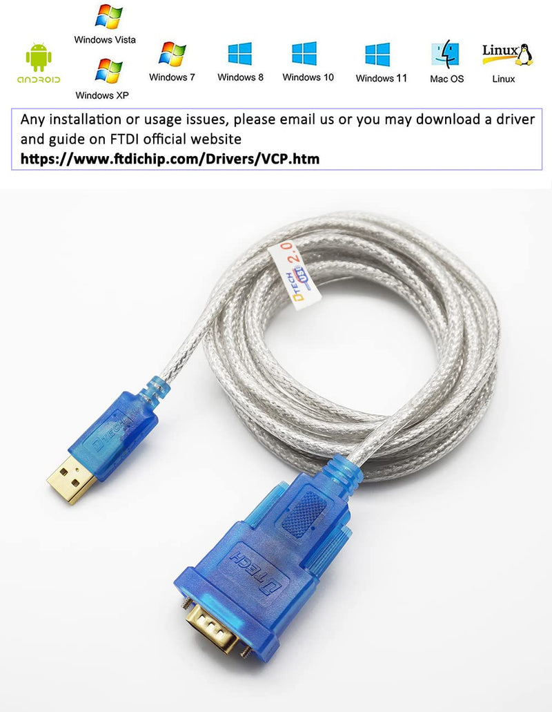 DTech USB to Serial Adapter Cable RS232 DB9 Male Port with FTDI FT232RL Chipset Supports Windows 11 10 8 7 and Mac Linux (1.5 Feet) (Pack of 2)