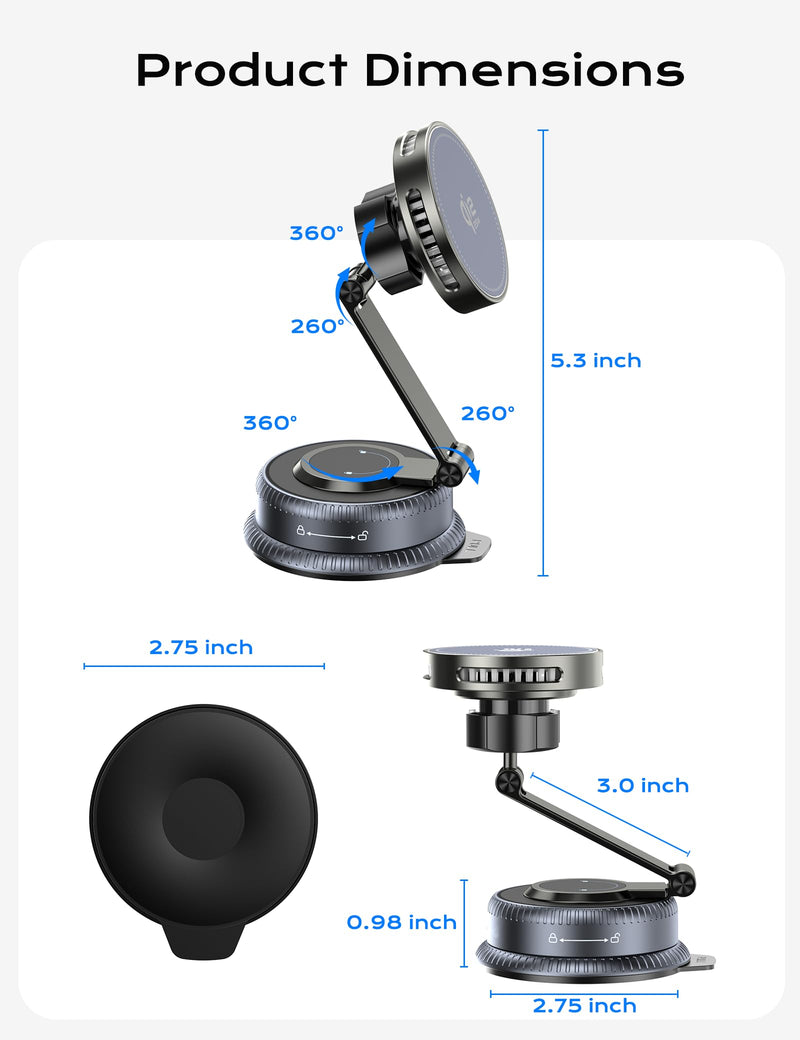 Qi2.2 25W MagSafe Car Mount Charger, Cooling Fan, 75W Fast Adapter | Long Arm Magnetic Wireless Car Charger, 360° Rotating Phone Holder for Car, Car Mount for iPhone 17-12 Series