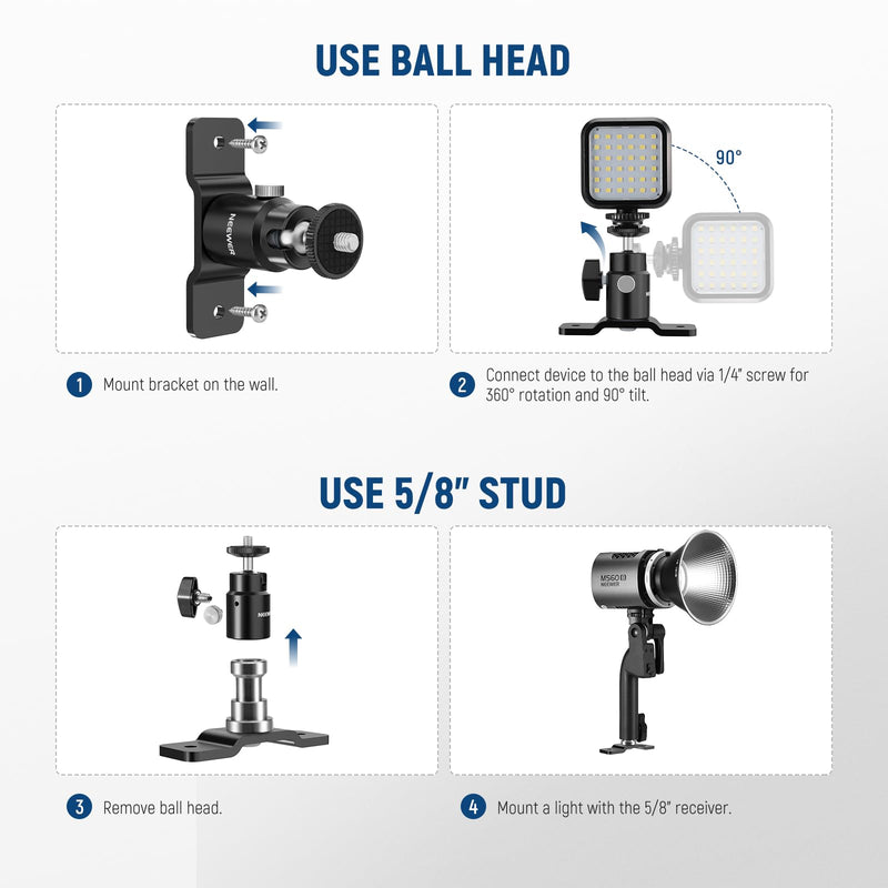 [AUSTRALIA] - NEEWER 2 Pack T Type Wall Ceiling Mount, Ring Light Wall Mount Bracket with Detachable Ball Head, 5/8" Stud, 1/4" Screw for Flash Strobe Camera Monitor Studio Lighting, Max Load: 4.4lb/2kg, TS008 