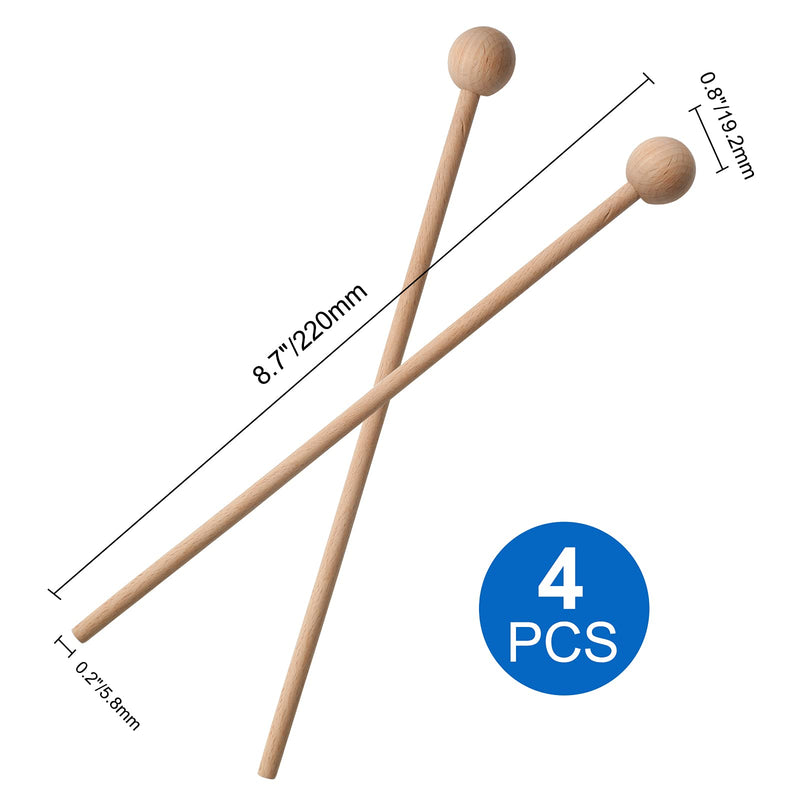 4 Pcs Wood Percussion Sticks 8.7" Xylophone Mallets Sticks Glockenspiel Mallets for Xylophone Glockenspiel Bells Chime Woodblock Drum