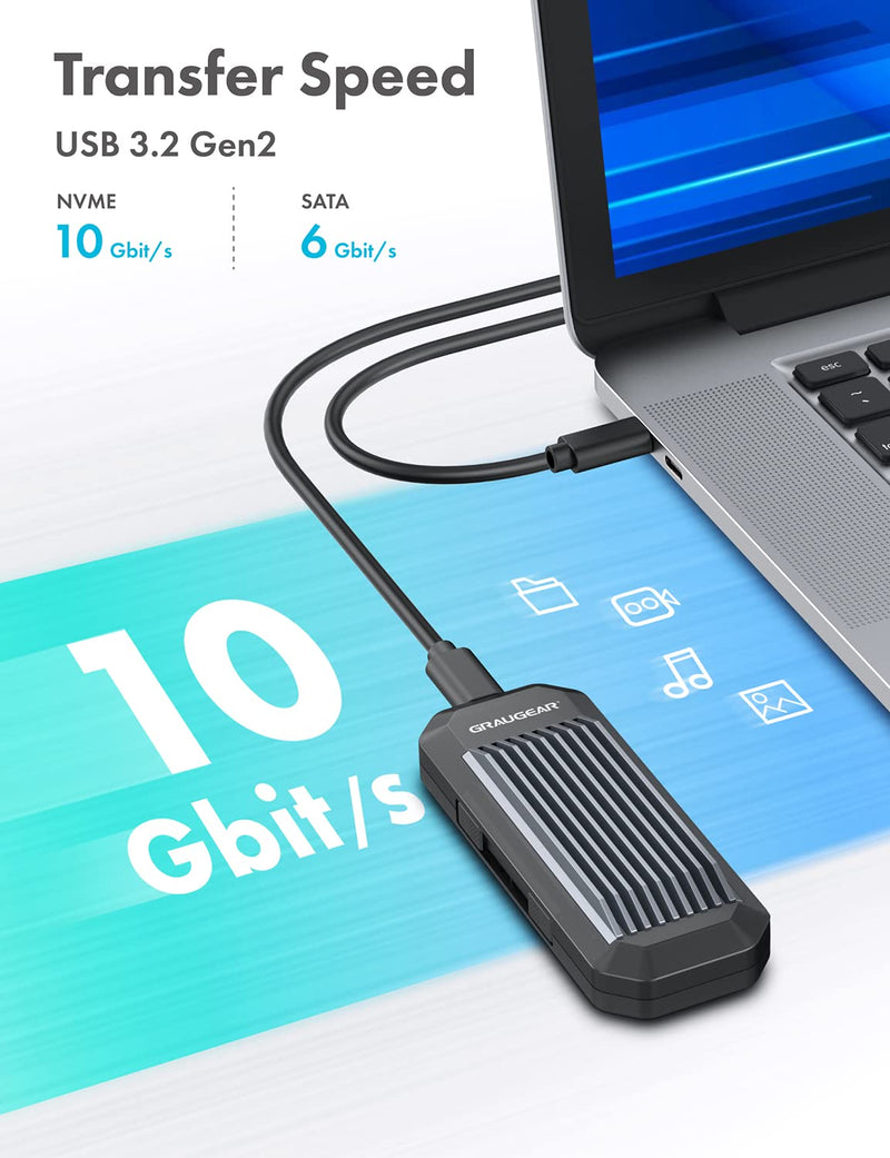 GRAUGEAR 10Gbps M.2 NVMe SATA SSD Enclosure Adapter, Tool-Free USB3.2 Gen2 External SSD Case, USB C to USB C/USB A Cables, M Key, B+M Key, RTL9210B for Size 2230/2242/2260/2280[G-M202-AC-10G]