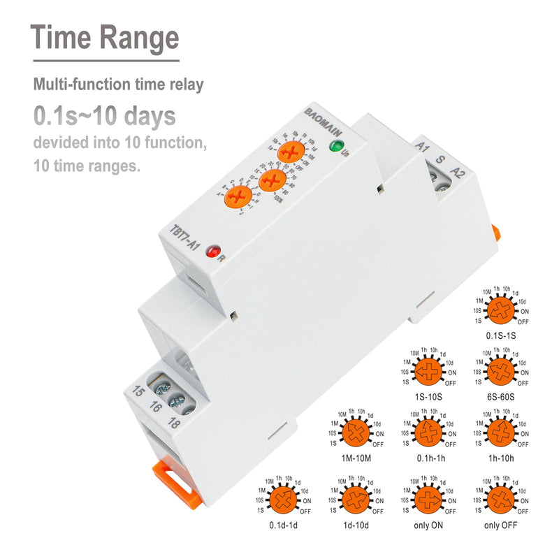 Baomain Multi-Function Time Relay, 16A SPDT 10-Functions, DIN Rail Mounting Timer Relay TBT7-A1 (1-SPDT, 12-240VAC/DC)