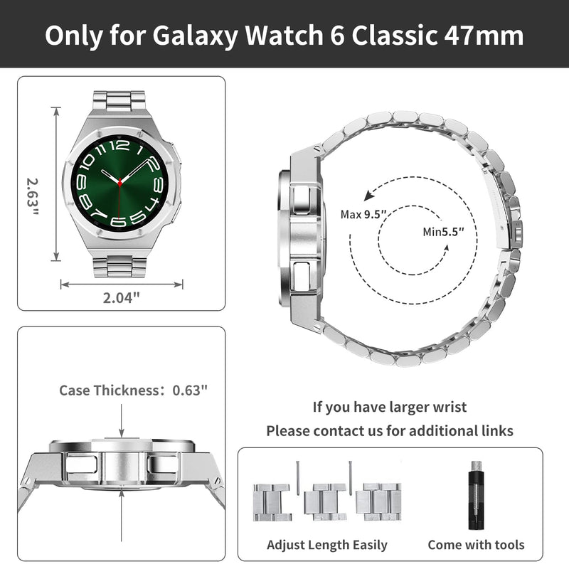 Luxury Case Designed for Samsung Galaxy Watch 6 Classic 47mm 2023, Rugged Military Protective Metal Bumper Case with Tactical Stainless Steel Band for Men, Silver 47mm for Watch 6 Classic