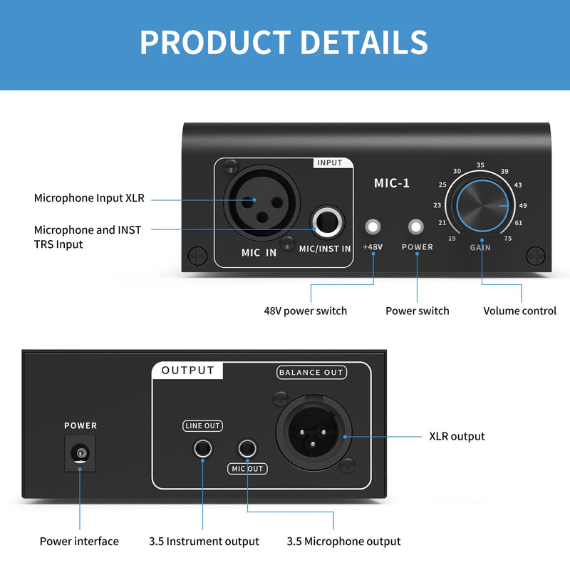 XTUGA XIC1 Microphone Preamp for Dynamic and Condenser Microphones Booster with 2 Input Max 75db Gain 48V Phantom Power XLR Output