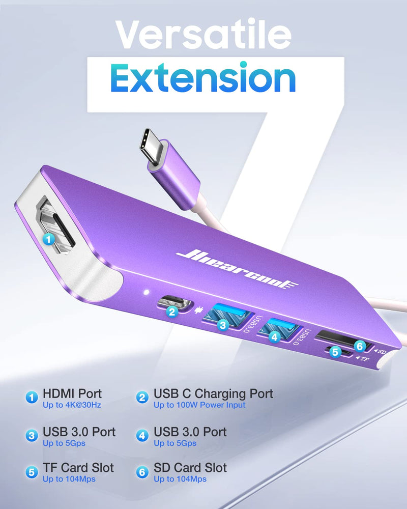 Hiearcool USB C Hub for MacBook Pro M2, USB C Adapter for MacBook Air M1, USB C to HDMI Multi-Port Adapter 7 in 1 USB C Dock HDMI Adapter for MacBook Thunderbolt 3 4 Laptops and Other Type C Devices Purple