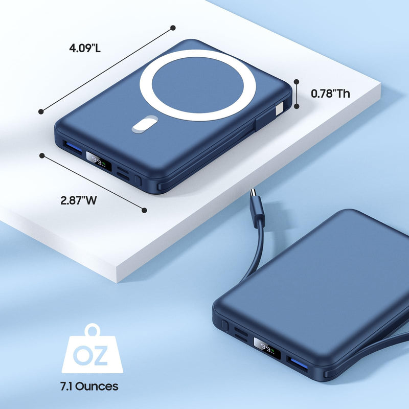 Yiisonger for Magsafe Battery Pack - 10000mAh Portable Charger for Mag-Safe 22.5W PD Fast Charging with Built-in Cables LED Display, Magnetic Power Bank for iPhone 16/15/14/13/12/Pro/Mini/Pro Max Blue