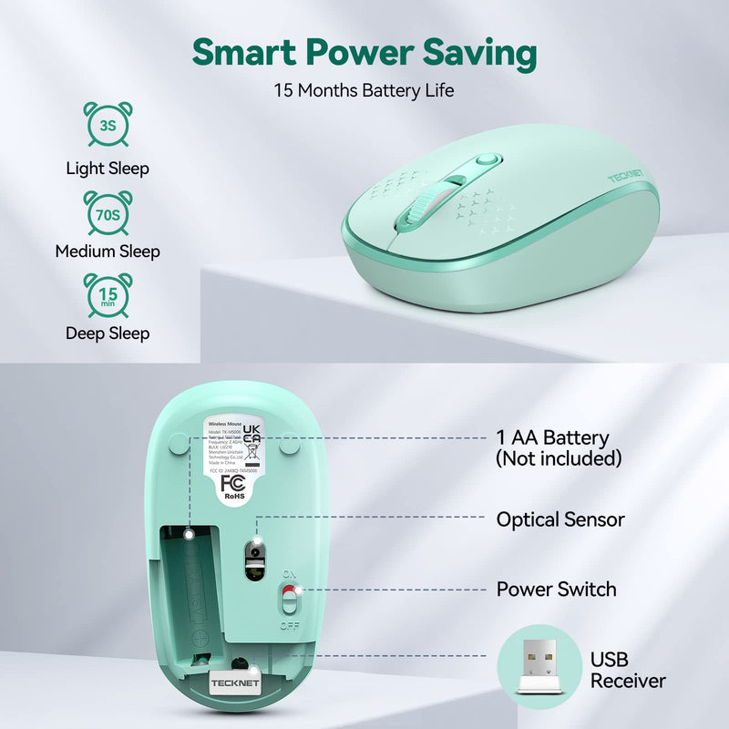 [AUSTRALIA] - TECKNET Wireless Mouse for Laptop, 2.4G Quiet Computer Mouse with USB Receiver, 4 Buttons Portable Cordless Mice for Chromebook, Laptop, PC, Mac, 800/1200/1600 DPI - Mint Green 