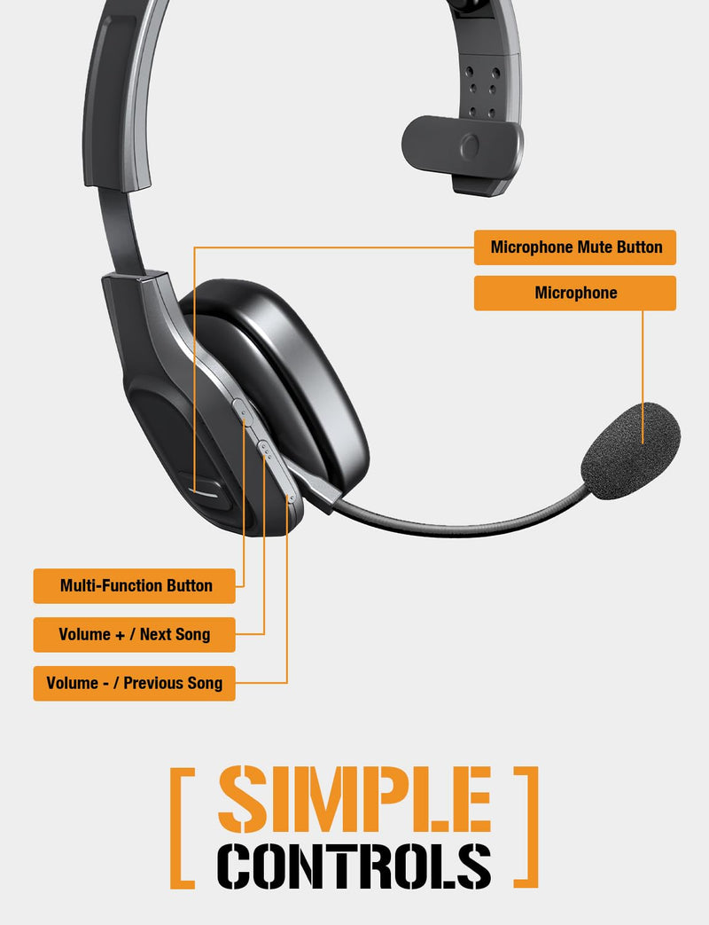 ToughTested PROCOMM 724 Trucker Headset with Noise Cancelling Mic | Wireless Bluetooth headset with 40Hr talk time, 60Hr music, HD sound, and dual device pairing for drivers.