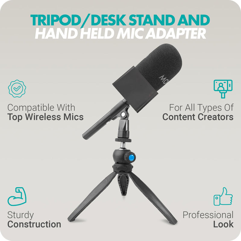Movo WMX-HM Wireless Interview Microphone Adapter w/Mic Flag and Mic Stand - Compatible with DJI Mic, Rode Wireless GO, Hollyland Lark, and More - for Podcasting, Interviews, and Content Creation