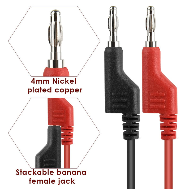 Multimeter Test Leads Set 4mm, 2pcs Banana Plug to Crocodile Clips Electrical Alligator Test Leads, 2pcs Double Ended Banana Plug 1m Test Lead with 2 Probes for Digital Multimeter 1000V 15A Red+Black