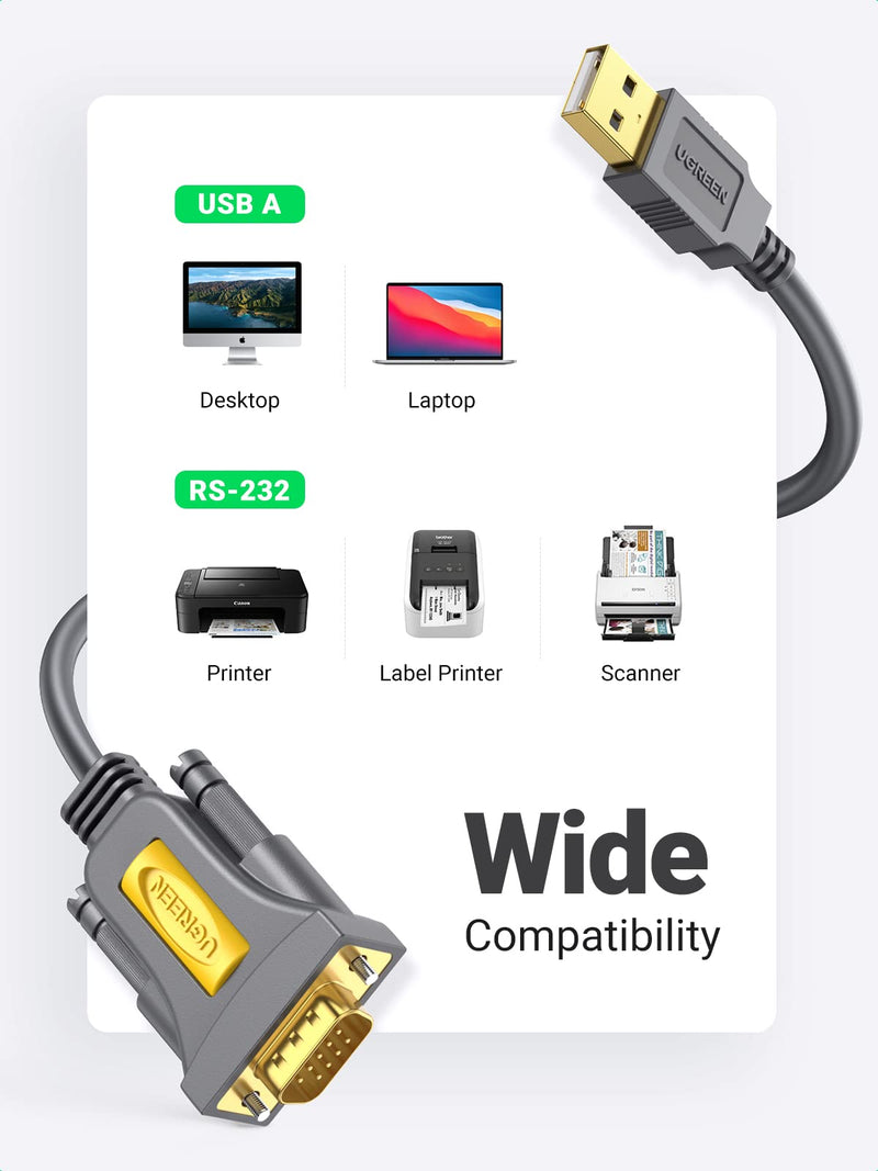 UGREEN USB to RS232 Adapter Serial Cable DB9 Male 9 Pin with PL2303 Chipset RS-232 Converter Cable for Windows 10 8.1 8 7 XP Vista, Mac OS, Linux, 6FT