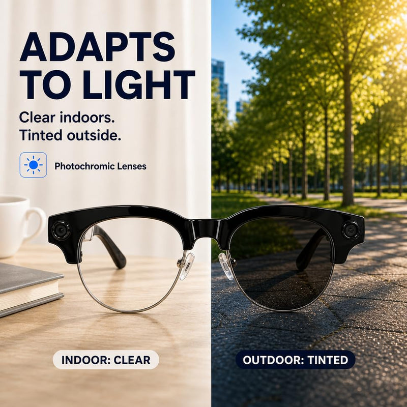 AI Smart Glasses with Camera for Play Music Work Travel Translation | 8MP camera, 1200P video, voice control, real-time translation, object recognition, photochromic lenses and AI assistant