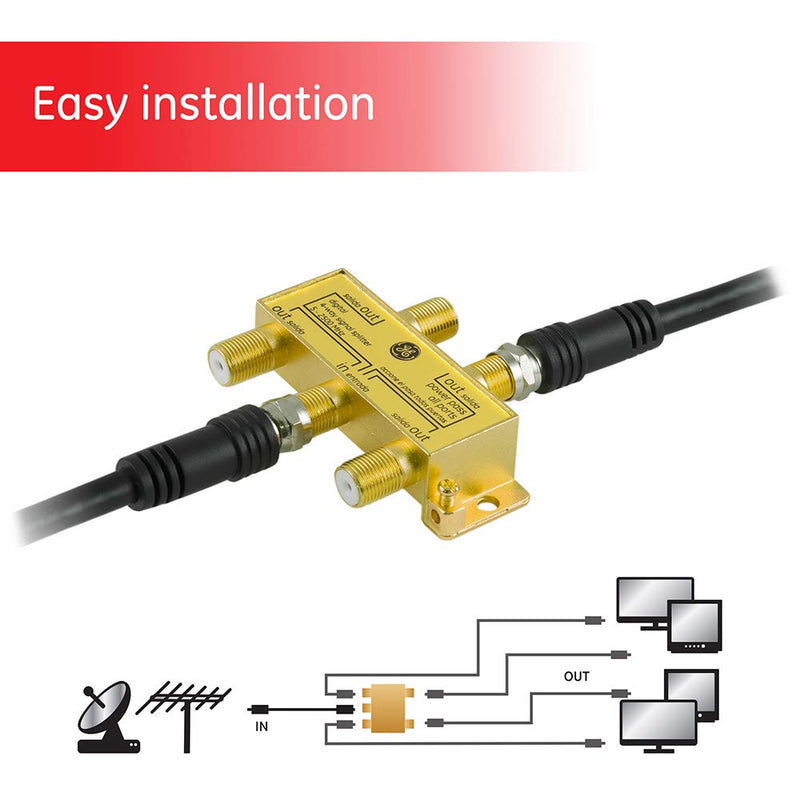 GE Digital 4-Way Coaxial Cable Splitter, 2.5 GHz 5-2500 MHz, RG6 Compatible, Works with HD TV, Satellite, High Speed Internet, Amplifier, Antenna, Gold Plated Connectors, Corrosion Resistant, 33527 1 Pack